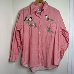 Vintage Gunit Chickadee Birds Button Down Shirt Wmns Sz Large Red White Stripe